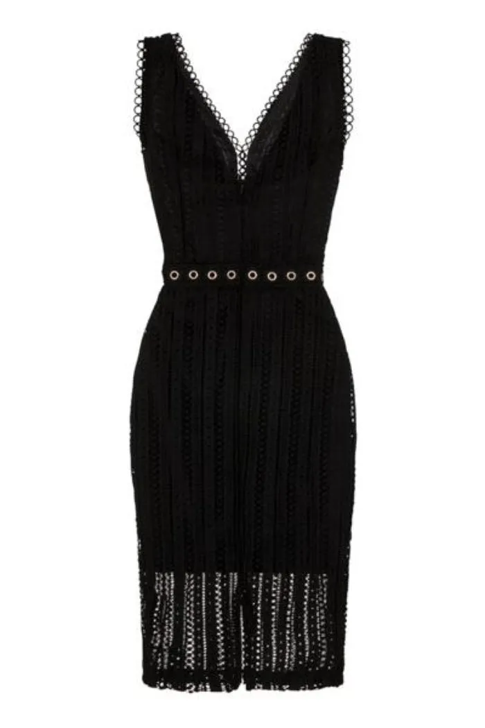 Rio Black Plunge Crochet Rivet Bodycon Midi Dress