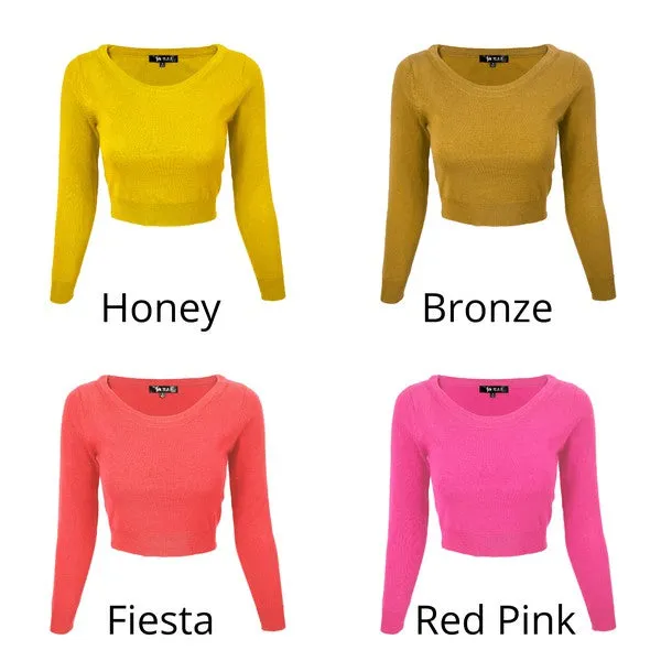 Round Neck Long Slv Crop Sweater Knit Crop Top S-XL