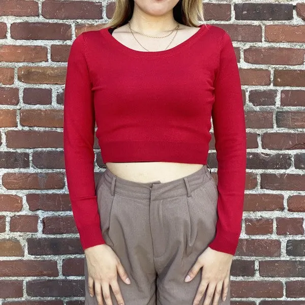 Round Neck Long Slv Crop Sweater Knit Crop Top S-XL