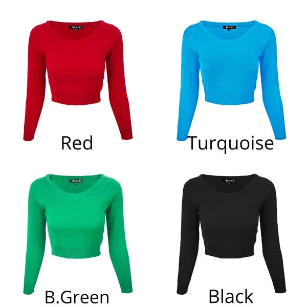 Round Neck Long Slv Crop Sweater Knit Crop Top S-XL