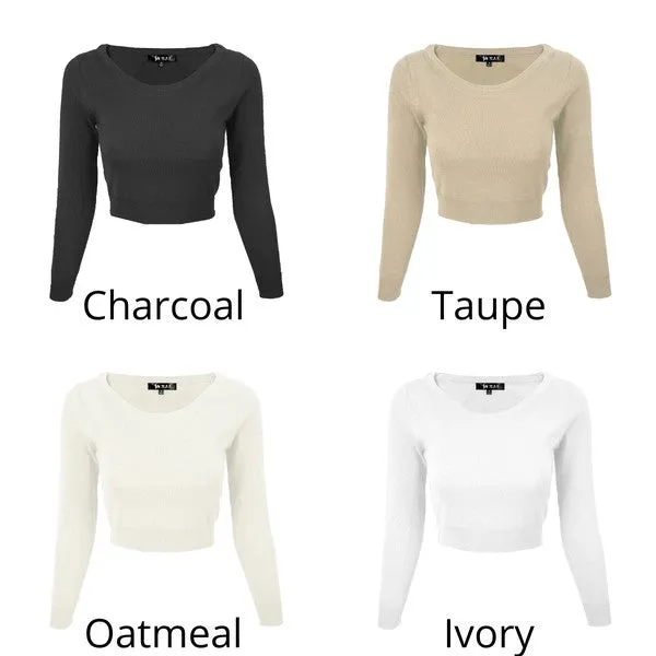 Round Neck Long Slv Crop Sweater Knit Crop Top S-XL