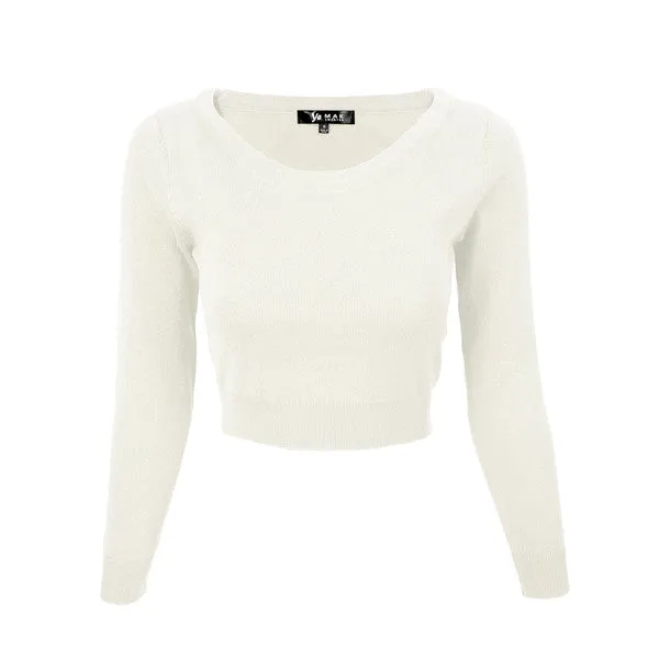 Round Neck Long Slv Crop Sweater Knit Crop Top S-XL