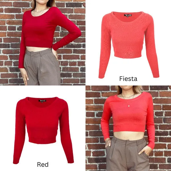 Round Neck Long Slv Crop Sweater Knit Crop Top S-XL