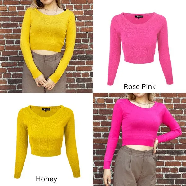 Round Neck Long Slv Crop Sweater Knit Crop Top S-XL