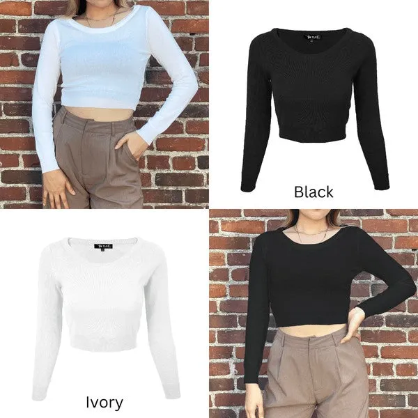 Round Neck Long Slv Crop Sweater Knit Crop Top S-XL