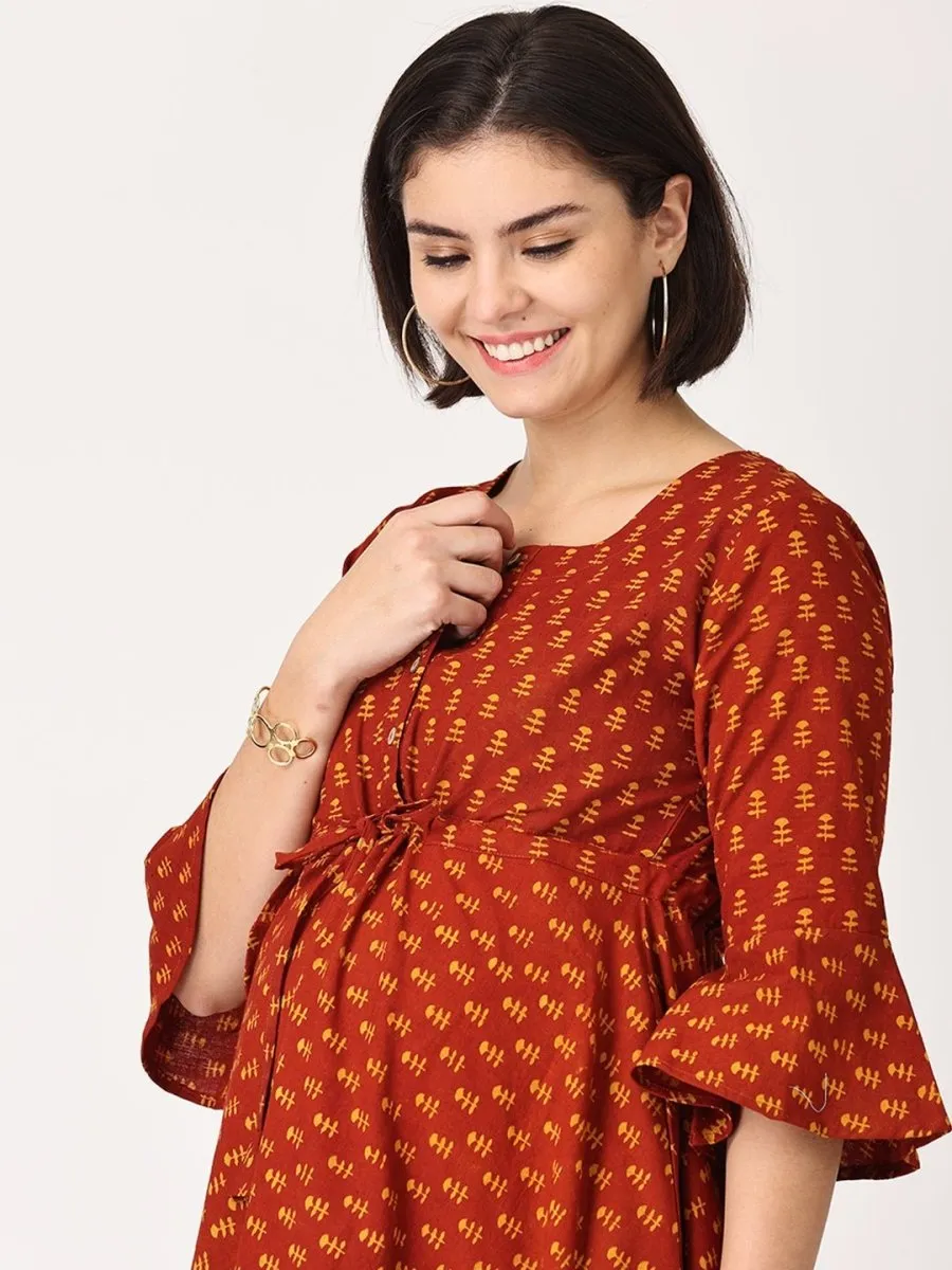 Rust Orange Organic Cotton Maternity Kurti Dress with Nursing