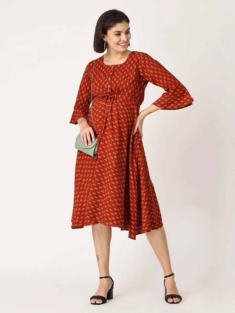 Rust Orange Organic Cotton Maternity Kurti Dress with Nursing