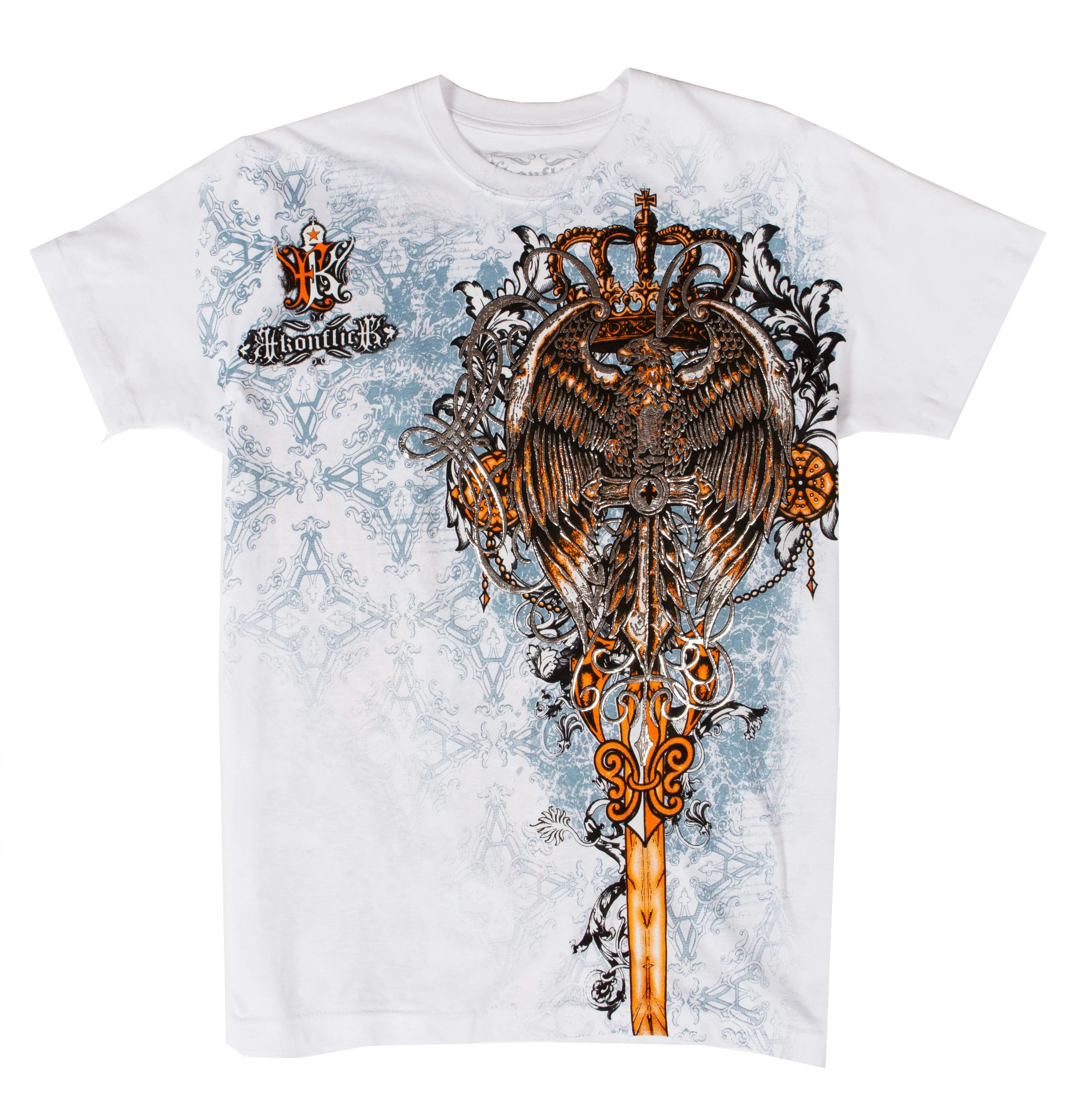 Sakkas Eagle Perched on a Sword Metallic Silver Embossed Cotton Mens T-Shirt