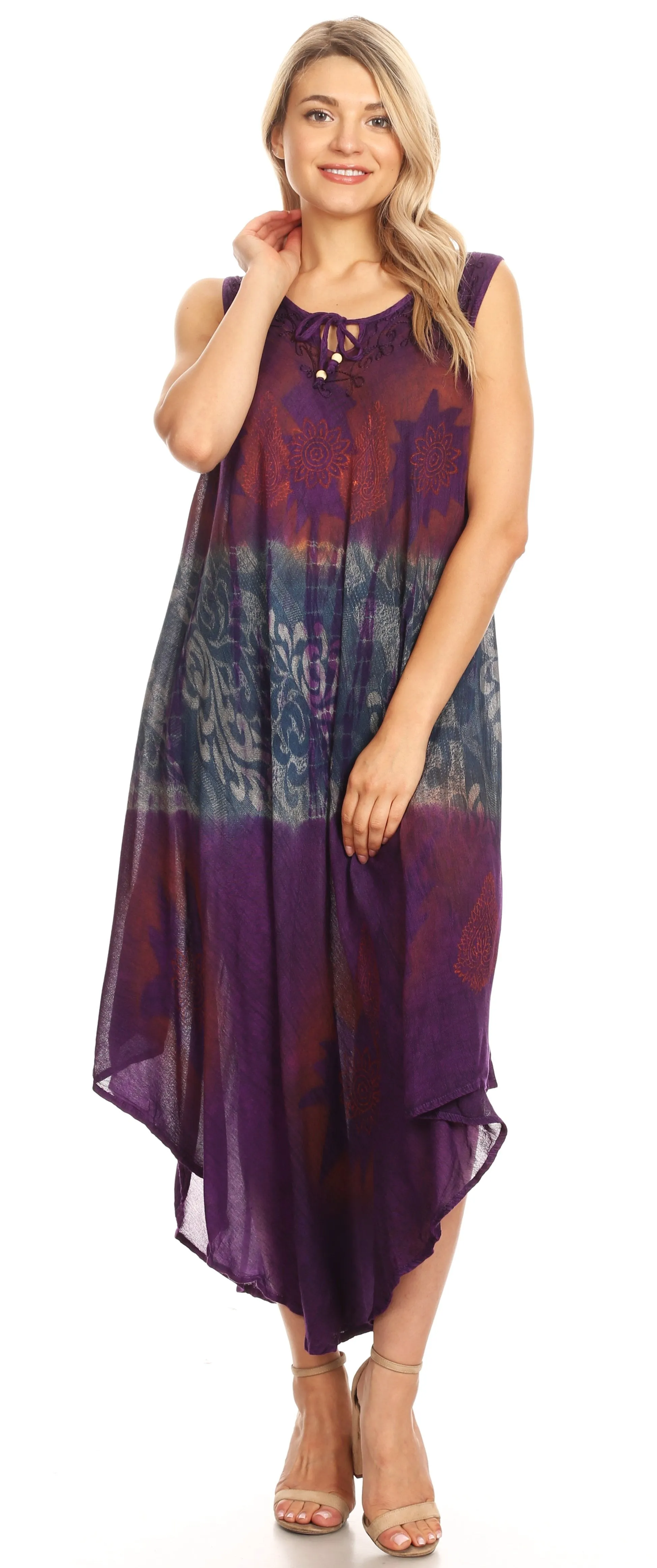 Sakkas Laramie Short Sleeve Stonewashed Ethnic Print Dress with Embroidery