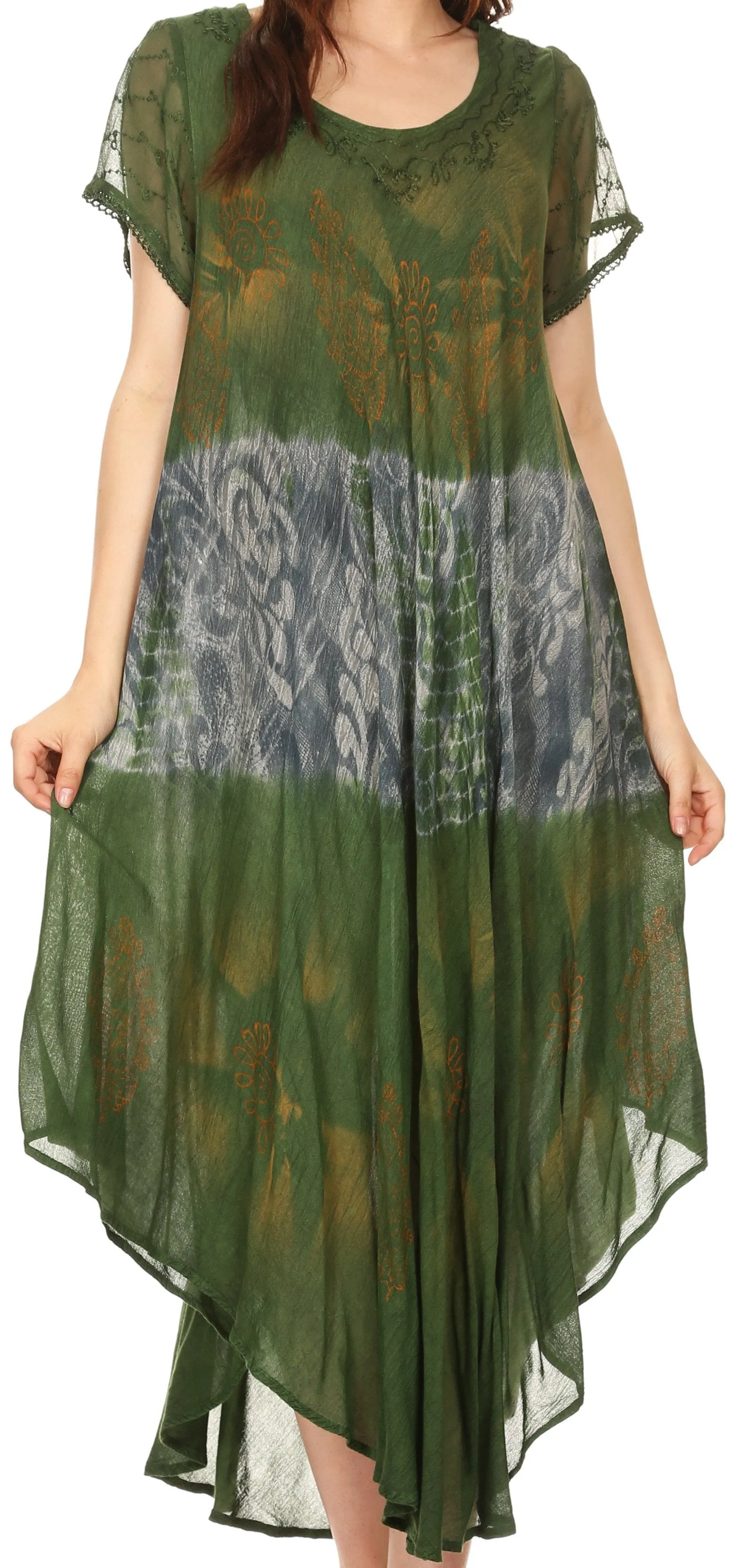 Sakkas Laramie Short Sleeve Stonewashed Ethnic Print Dress with Embroidery