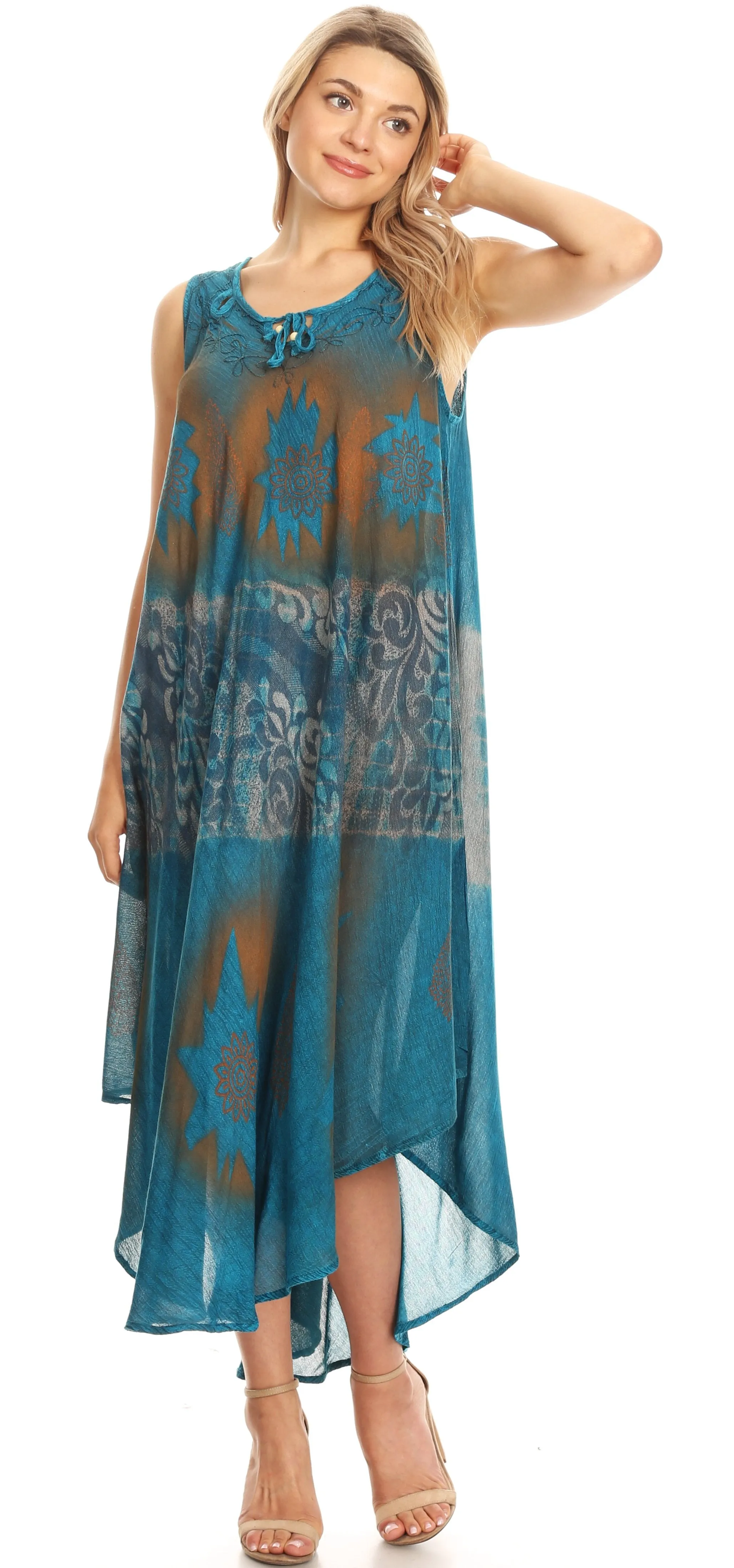 Sakkas Laramie Short Sleeve Stonewashed Ethnic Print Dress with Embroidery