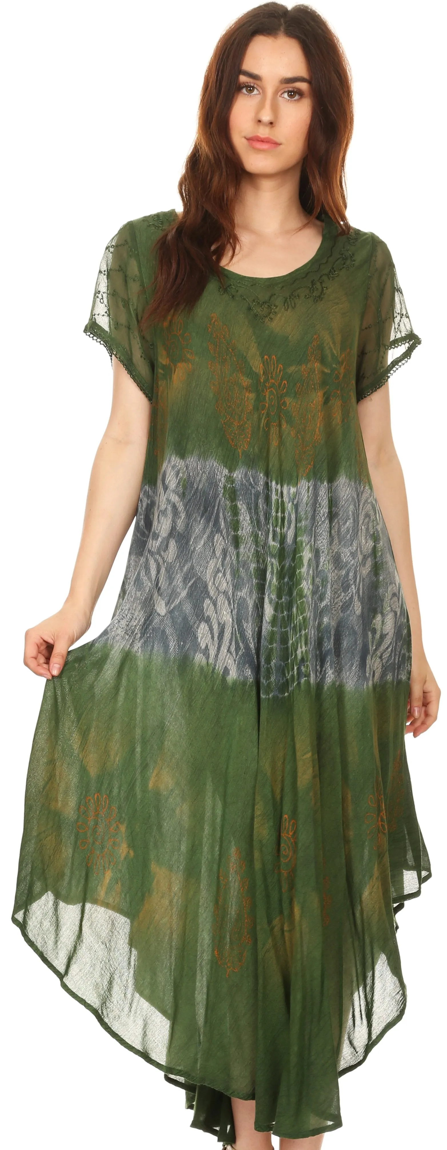 Sakkas Laramie Short Sleeve Stonewashed Ethnic Print Dress with Embroidery