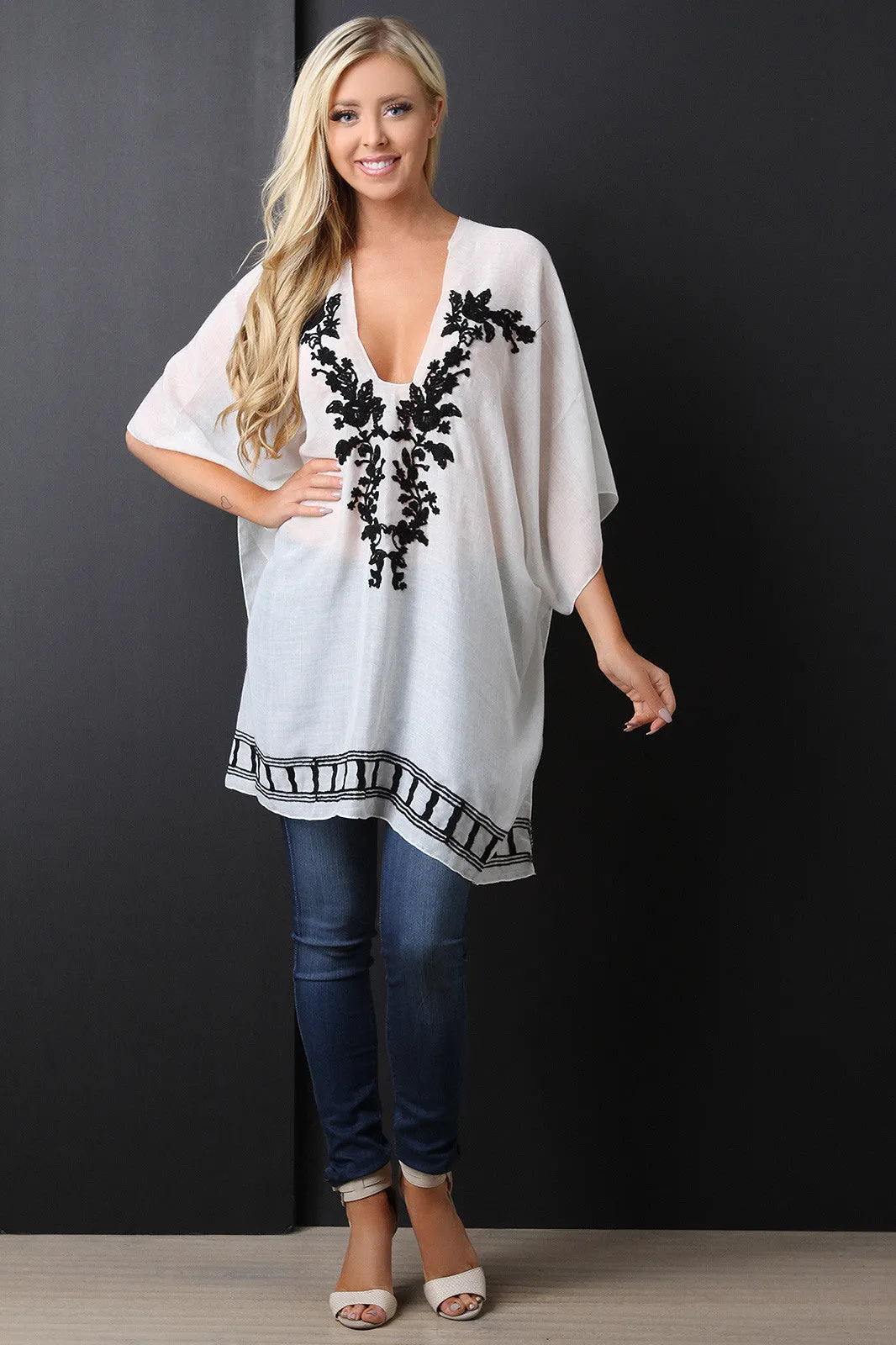 Semi-Sheer Floral Embroidery Poncho Top