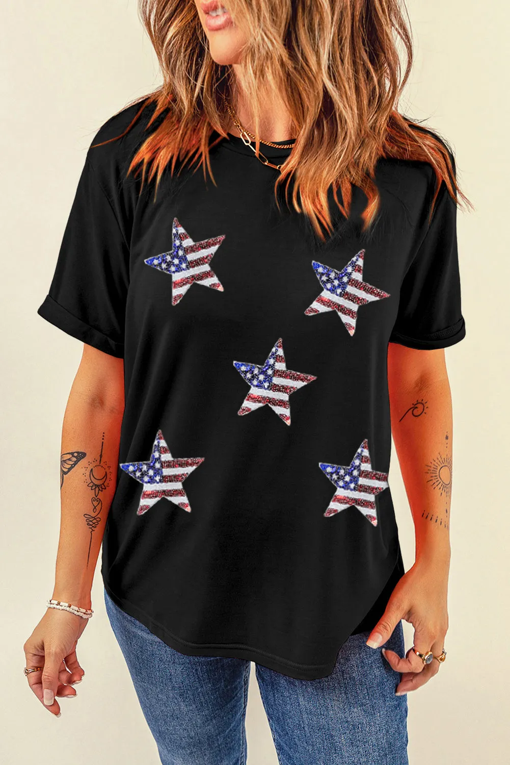 Sequin American Flag Star Graphic T-Shirt: Shine Bright Like a Star, Babe! 🇺🇸✨