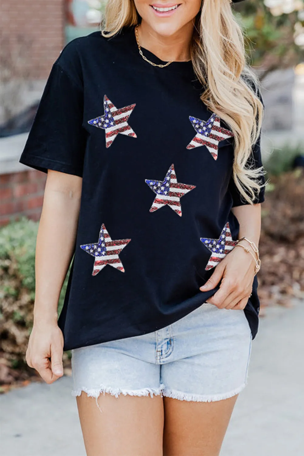 Sequin American Flag Star Graphic T-Shirt: Shine Bright Like a Star, Babe! 🇺🇸✨