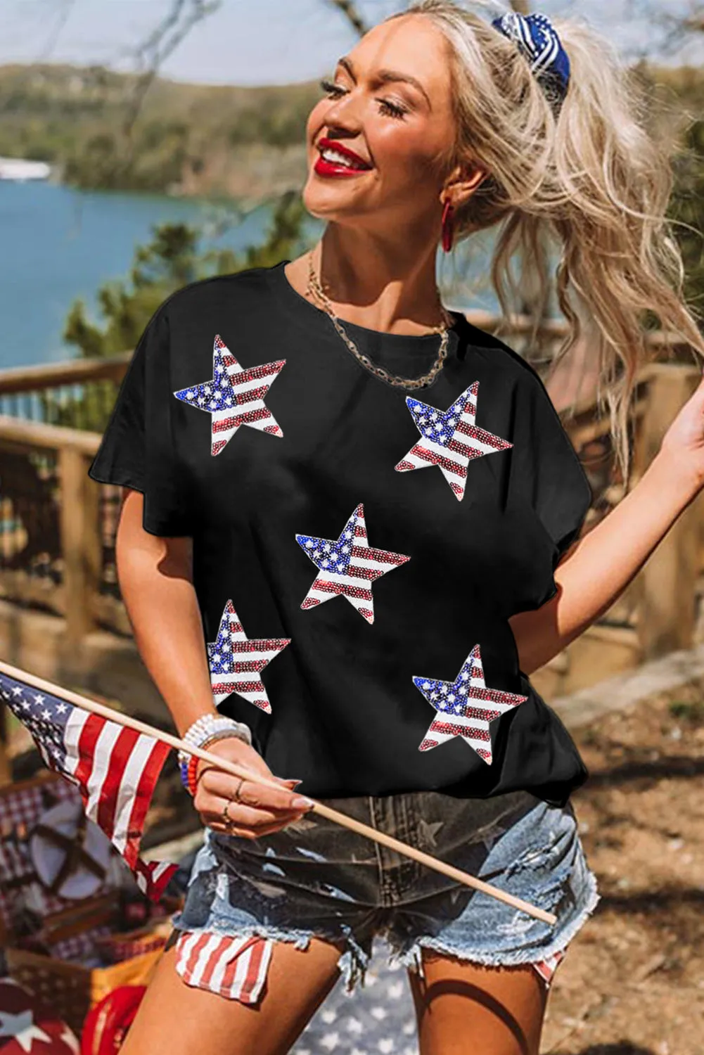 Sequin American Flag Star Graphic T-Shirt: Shine Bright Like a Star, Babe! 🇺🇸✨