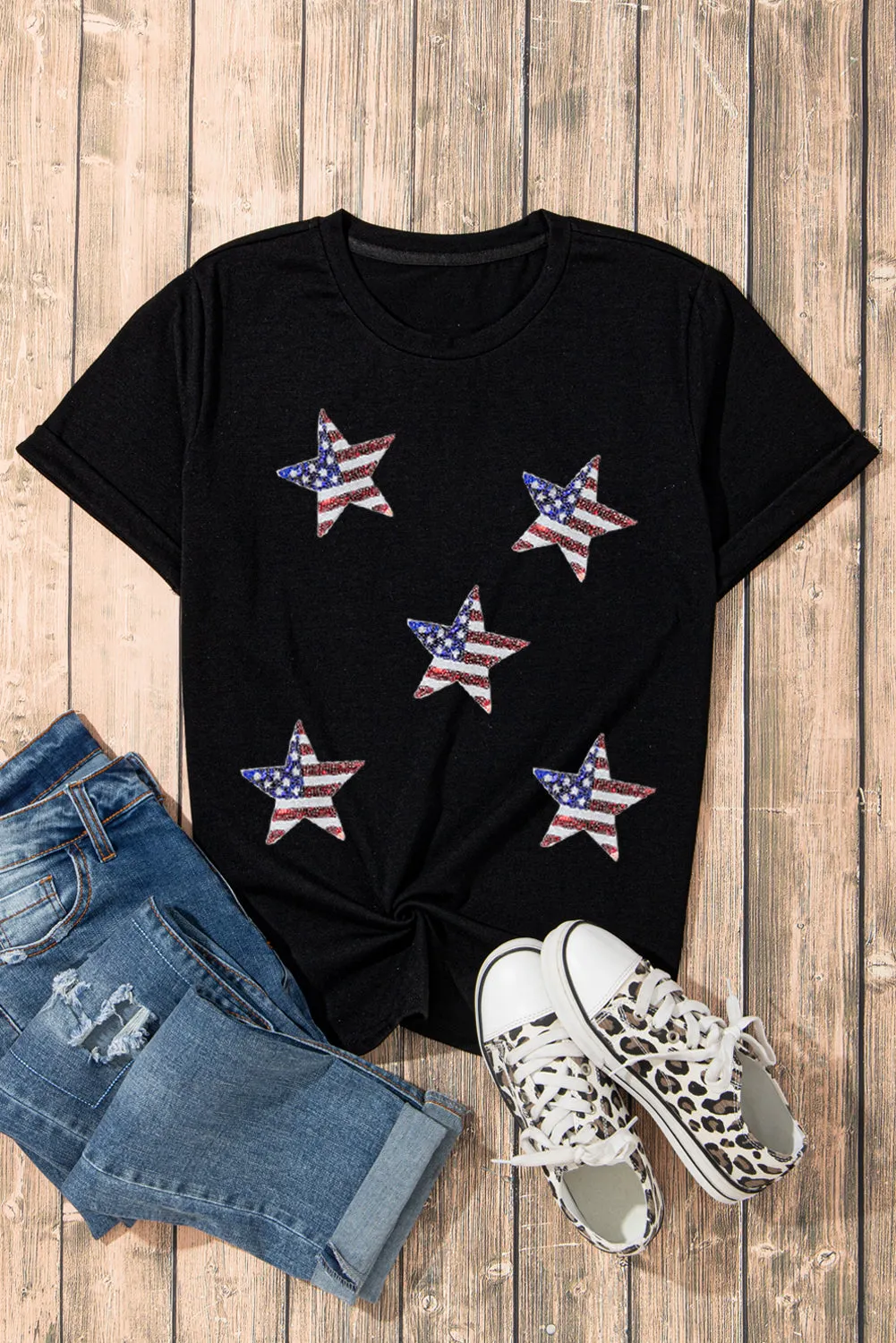 Sequin American Flag Star Graphic T-Shirt: Shine Bright Like a Star, Babe! 🇺🇸✨