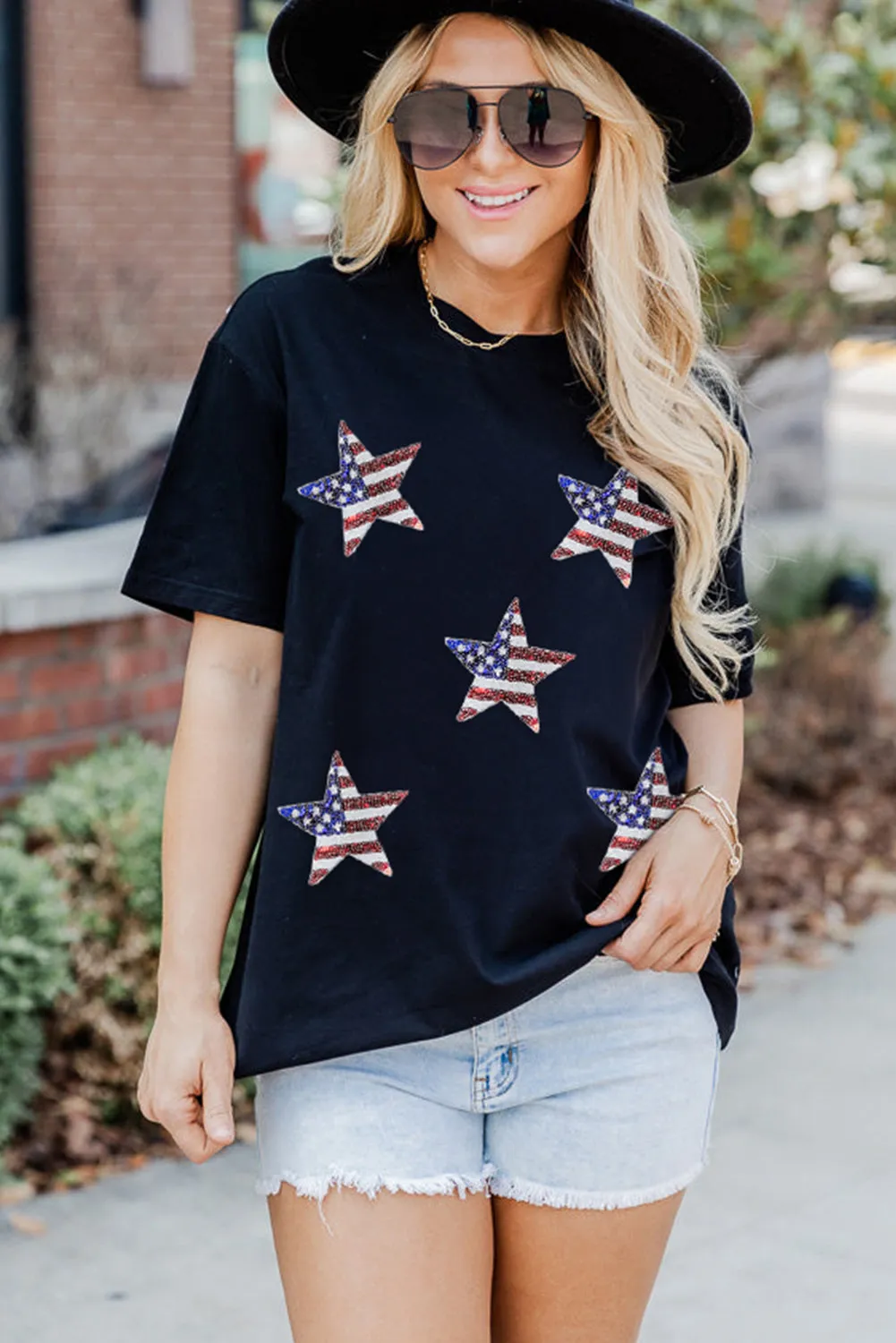 Sequin American Flag Star Graphic T-Shirt: Shine Bright Like a Star, Babe! 🇺🇸✨