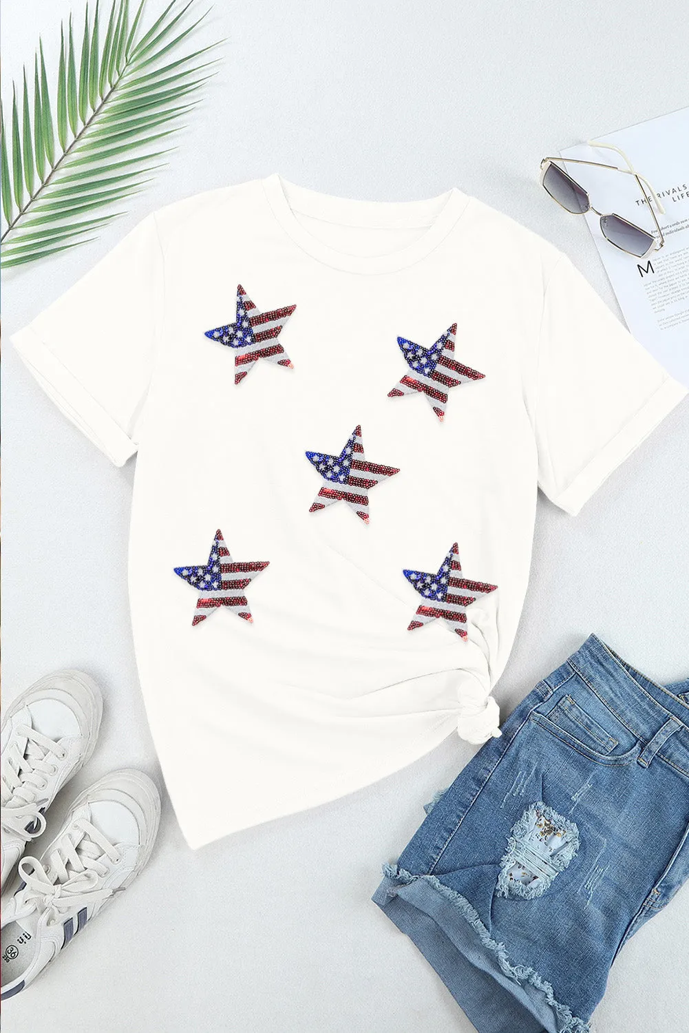 Sequin American Flag Star Graphic T-Shirt: Shine Bright Like a Star, Babe! 🇺🇸✨