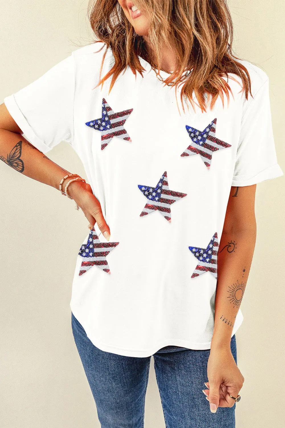 Sequin American Flag Star Graphic T-Shirt: Shine Bright Like a Star, Babe! 🇺🇸✨