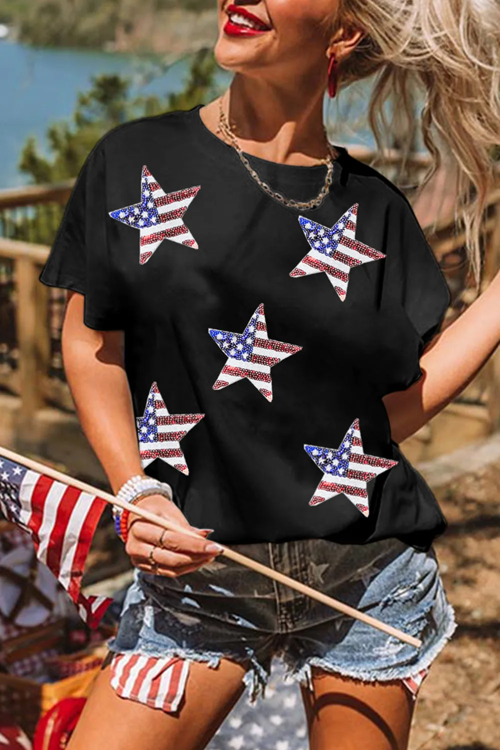 Sequin American Flag Star Graphic T-Shirt: Shine Bright Like a Star, Babe! 🇺🇸✨