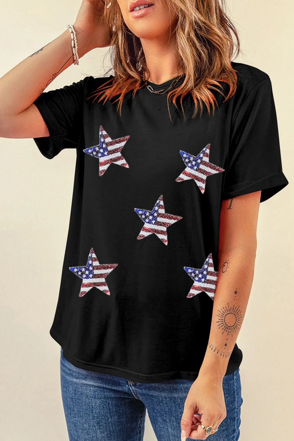 Sequin American Flag Star Graphic T-Shirt: Shine Bright Like a Star, Babe! 🇺🇸✨