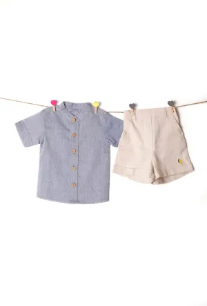 Set of 2: Baby Blue Chambray Shirt & Off White Cotton Pants Shorts