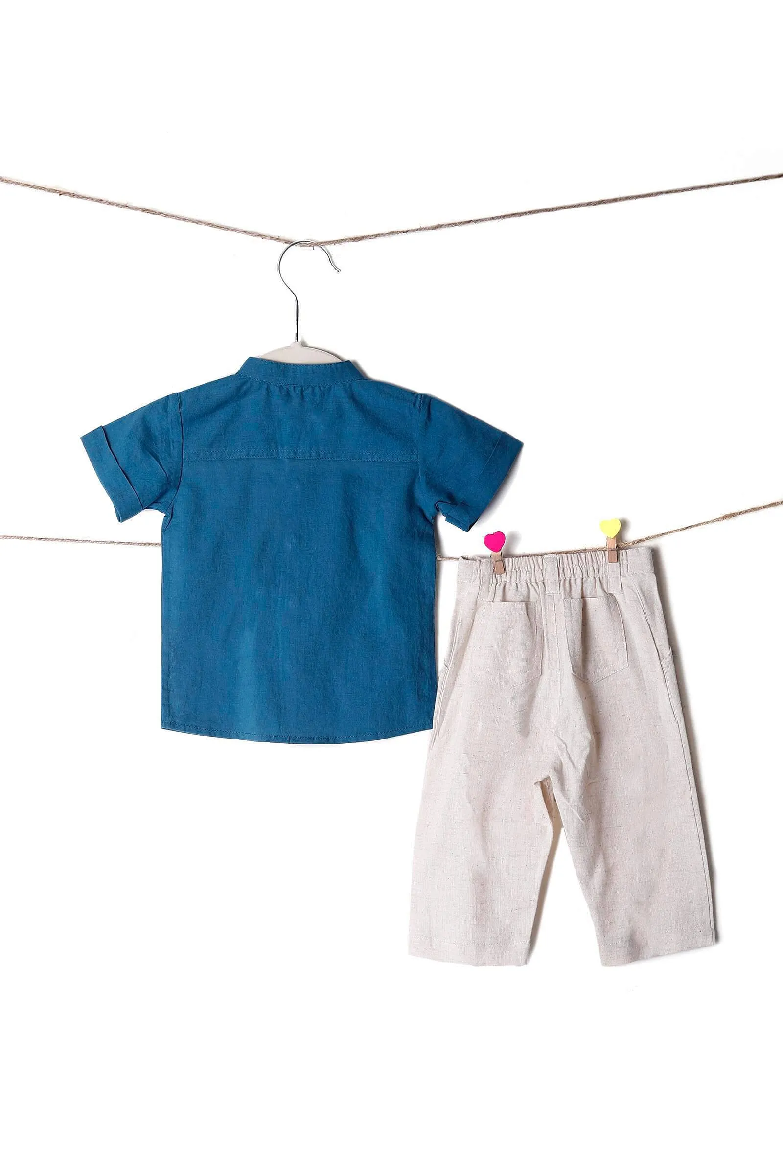 Set of 2: Off White Cotton Pant & Blue Bamboo Shirt