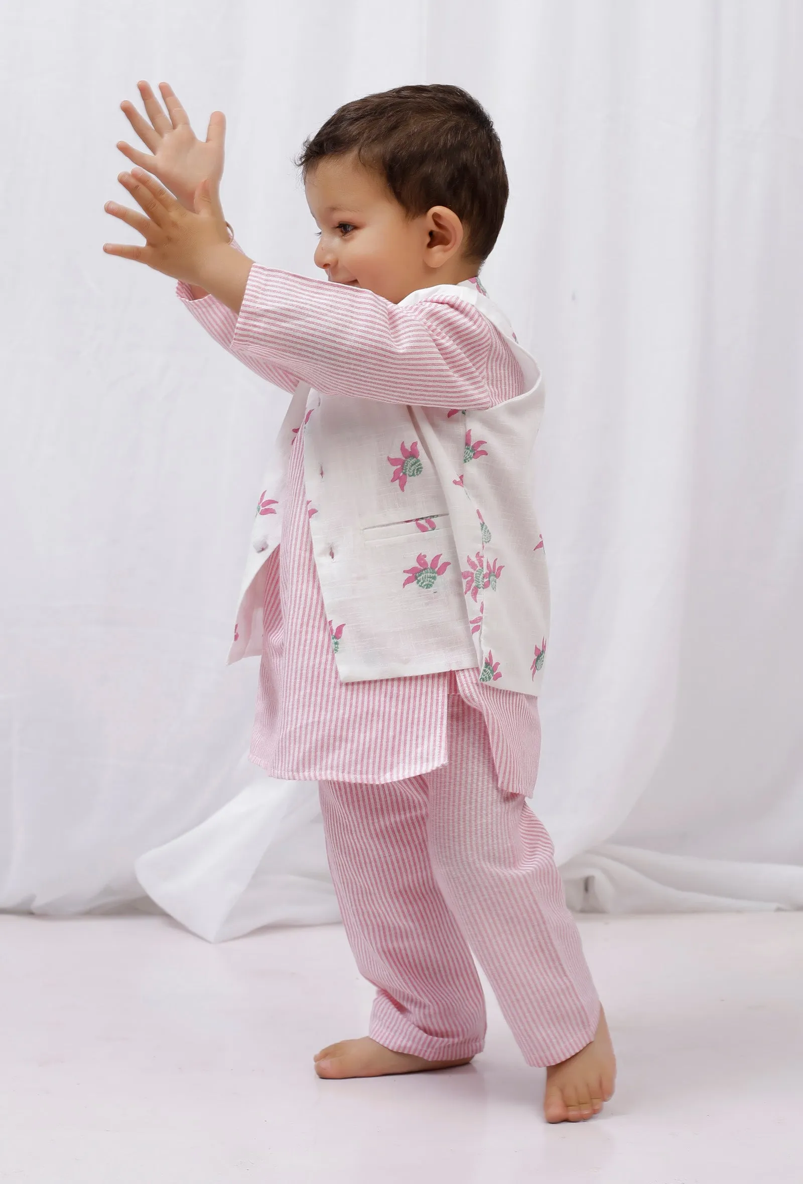 Set of 3: Pink striped Cotton Kurta and Pajama with Pink Striped Floral Nehru Jacket