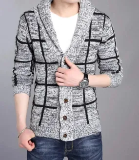 Shawl Collar Grey Stripped Cardigan