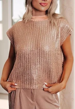 SHE SKY Women's Metallic Sweater Vest Cap Sleeve Mock Neck- Pink