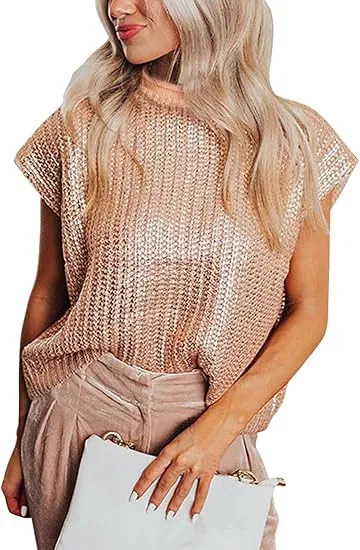 SHE SKY Women's Metallic Sweater Vest Cap Sleeve Mock Neck- Pink