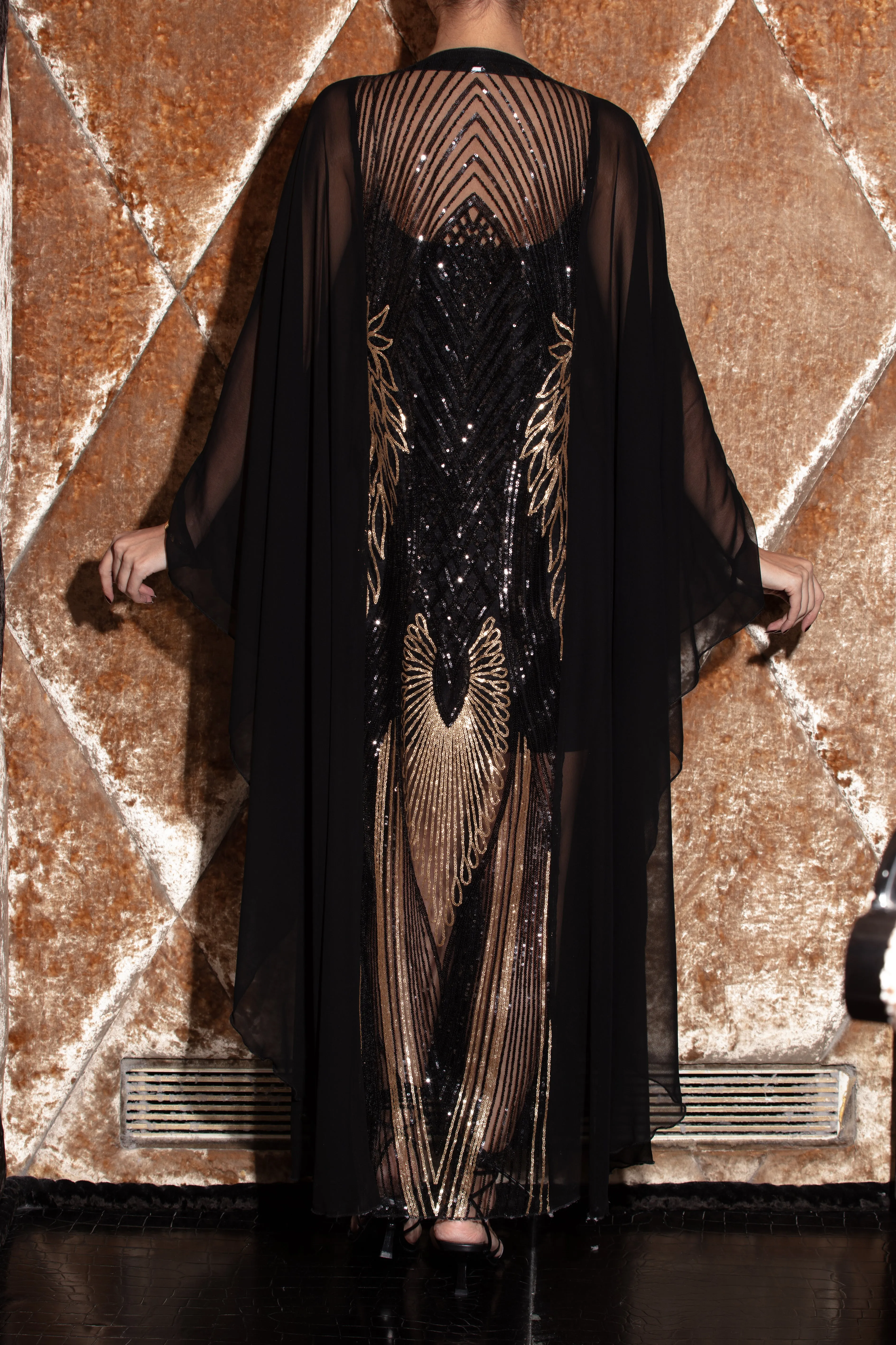 Sheer Cape Cover-Up Duster - Black & Gold