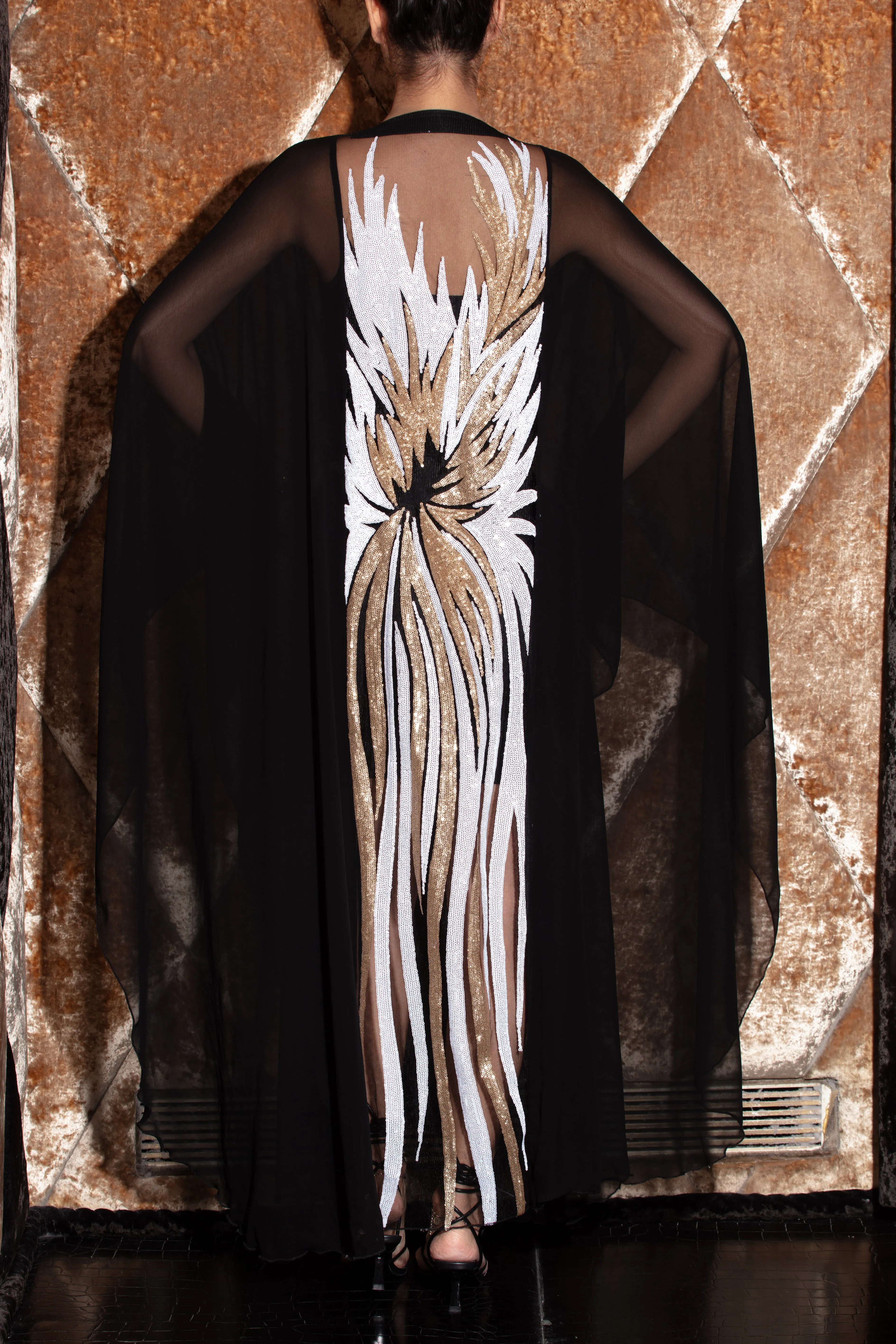 Sheer Cape Cover-Up Duster - Black, White & Gold