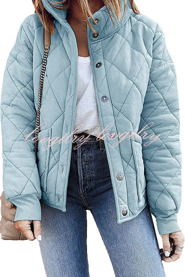 Solid Diamond Quilted Pocket Button Long Sleeve Coat