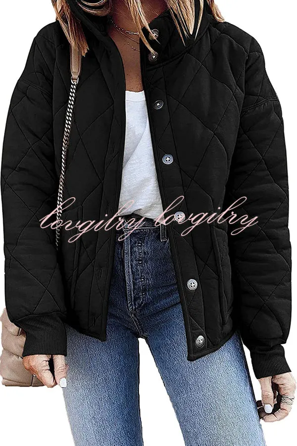 Solid Diamond Quilted Pocket Button Long Sleeve Coat