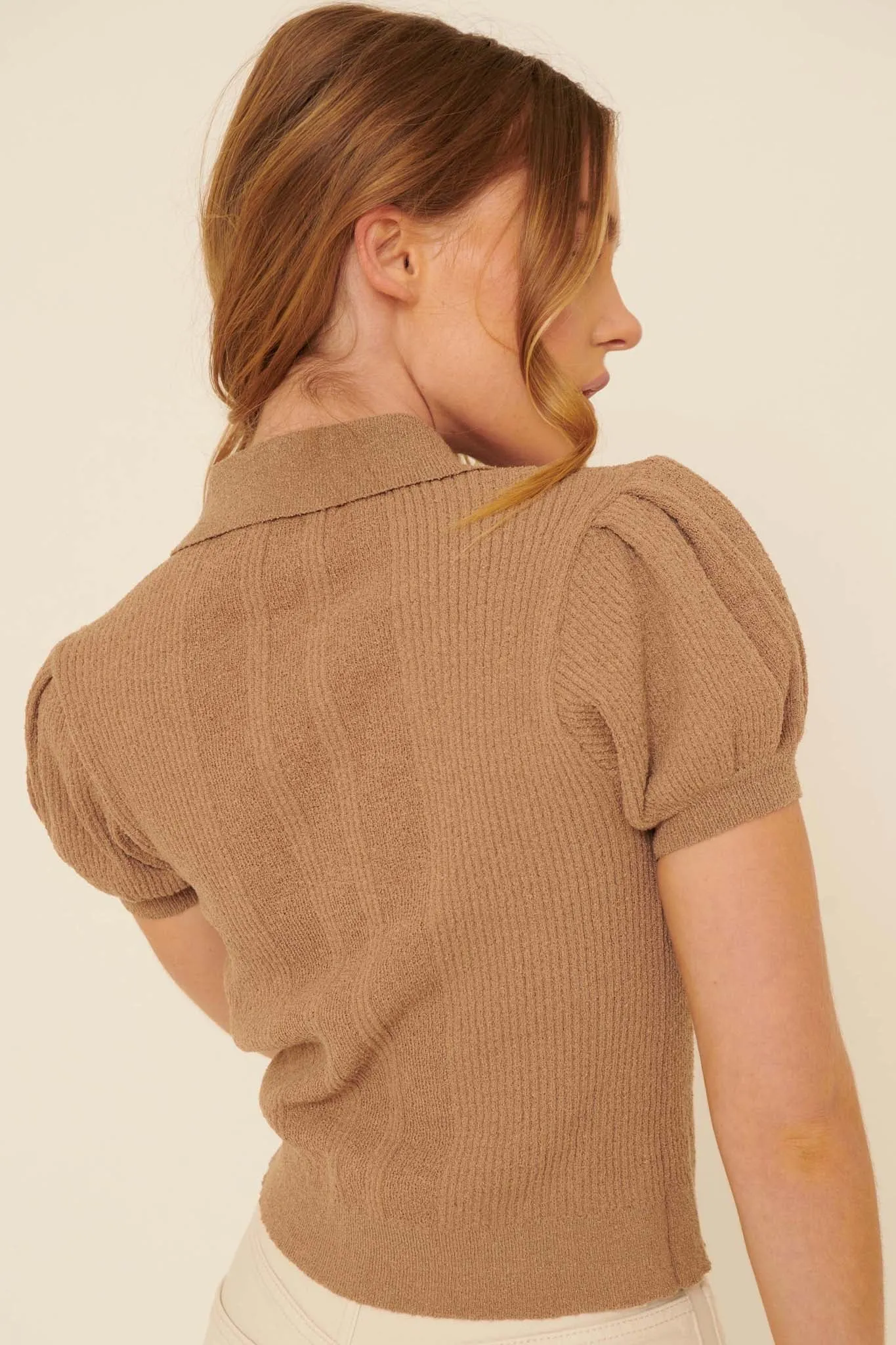 Speak Up Ribbed Puff-Sleeve Polo Sweater