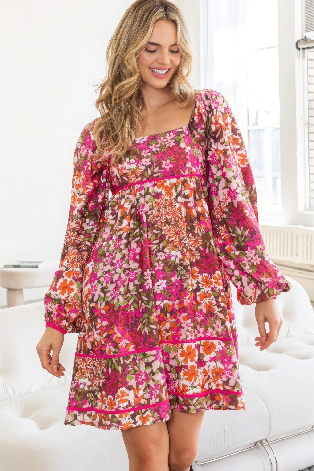 Square Neckline Mini Floral Dress