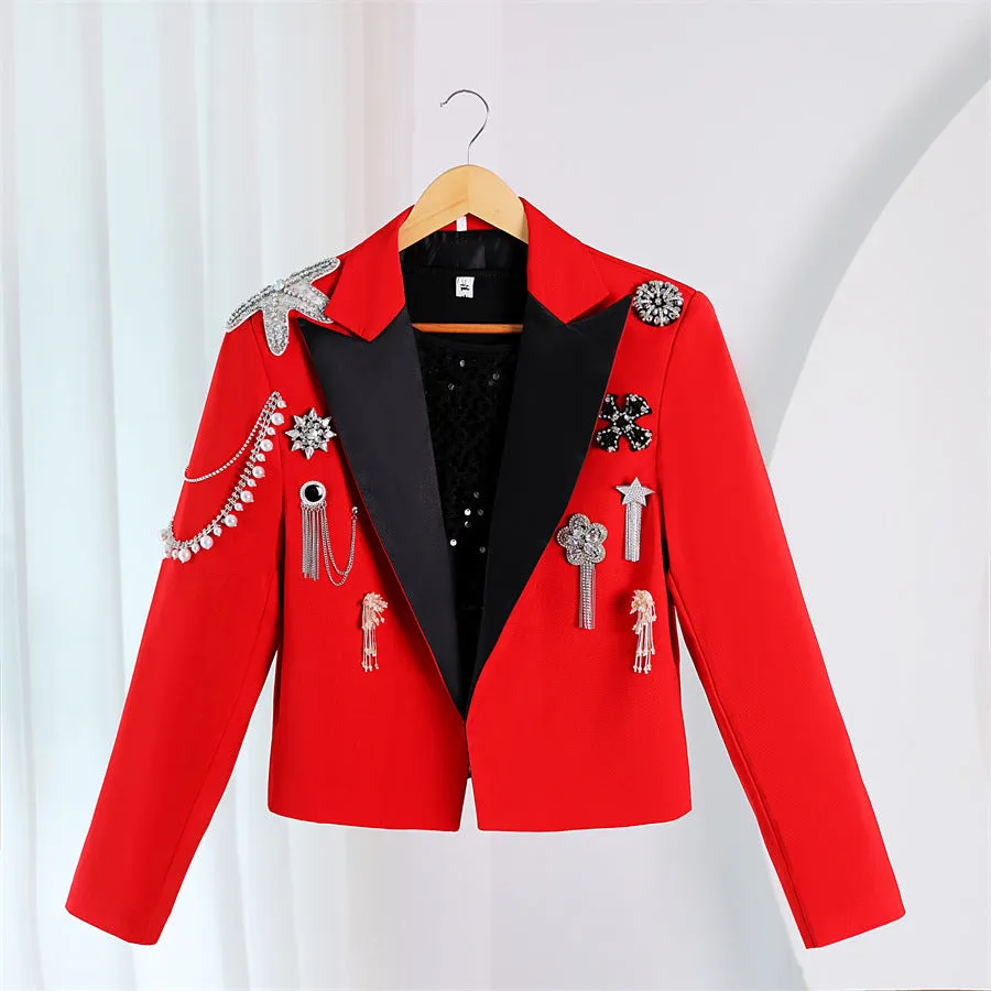 Steampunk Rhinestone Tassels Decoration Crop Blazer