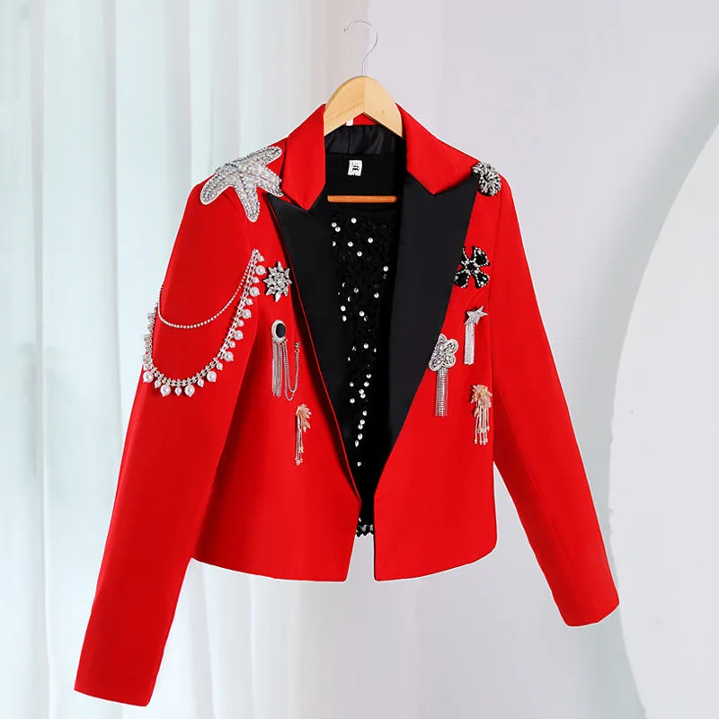 Steampunk Rhinestone Tassels Decoration Crop Blazer