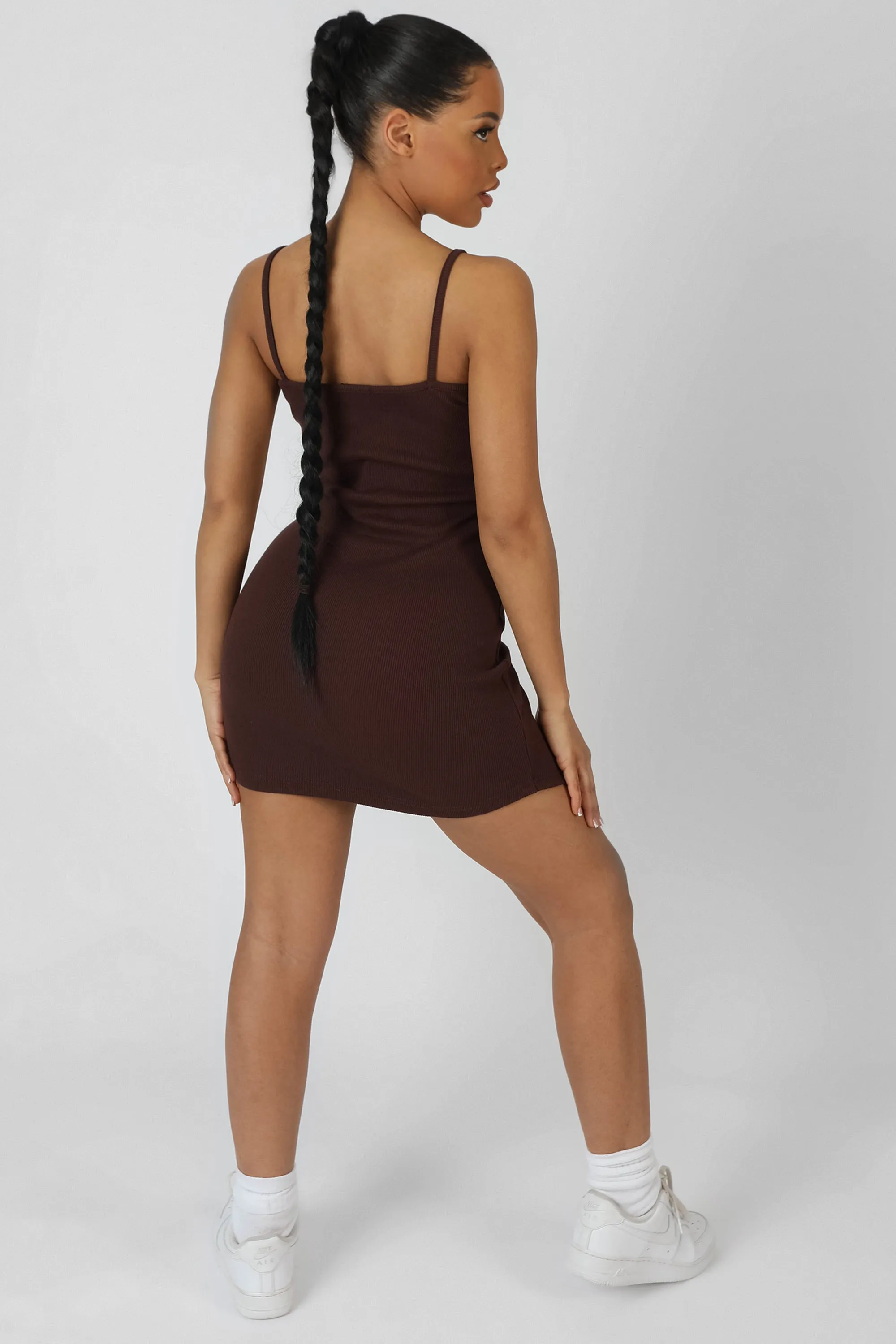 Strappy Mini Curved Hem Dress Coffee