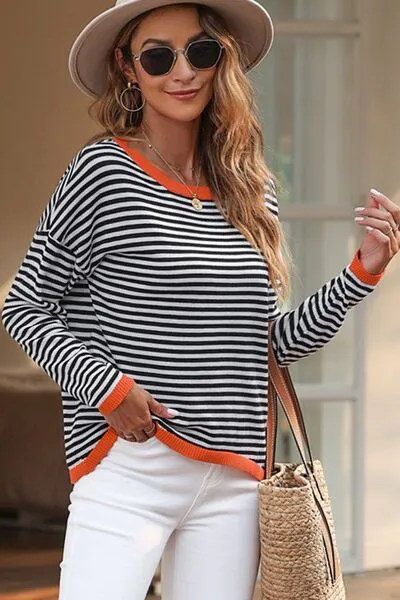 Striped Round Neck Drop Shoulder T-Shirt