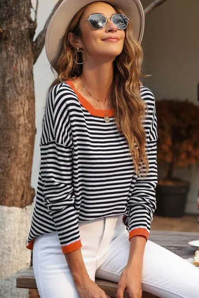 Striped Round Neck Drop Shoulder T-Shirt