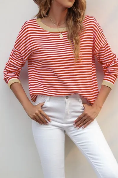 Striped Round Neck Drop Shoulder T-Shirt