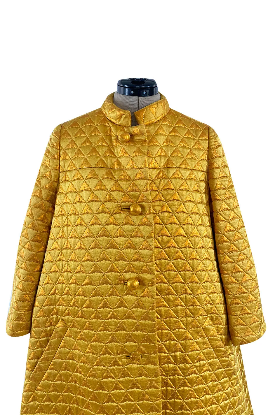 Stunning 1960s George Halley Bright Gold Metallic Puffed Quilted Silk Brocade Tent Coat