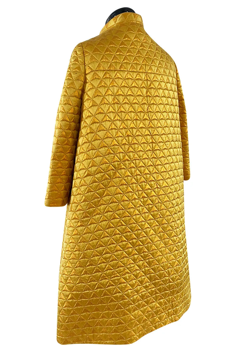 Stunning 1960s George Halley Bright Gold Metallic Puffed Quilted Silk Brocade Tent Coat