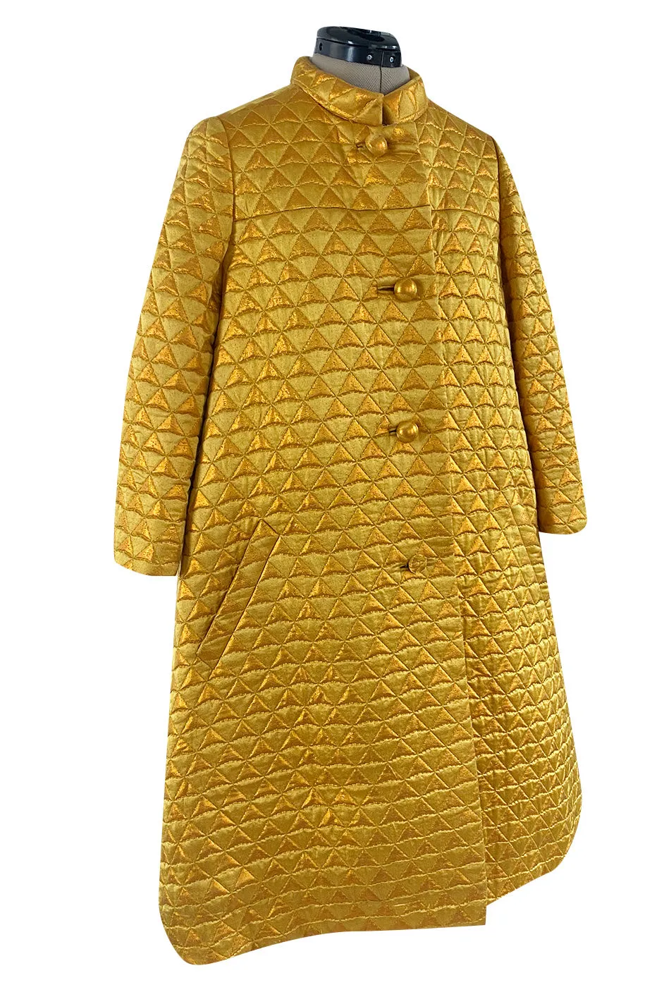 Stunning 1960s George Halley Bright Gold Metallic Puffed Quilted Silk Brocade Tent Coat