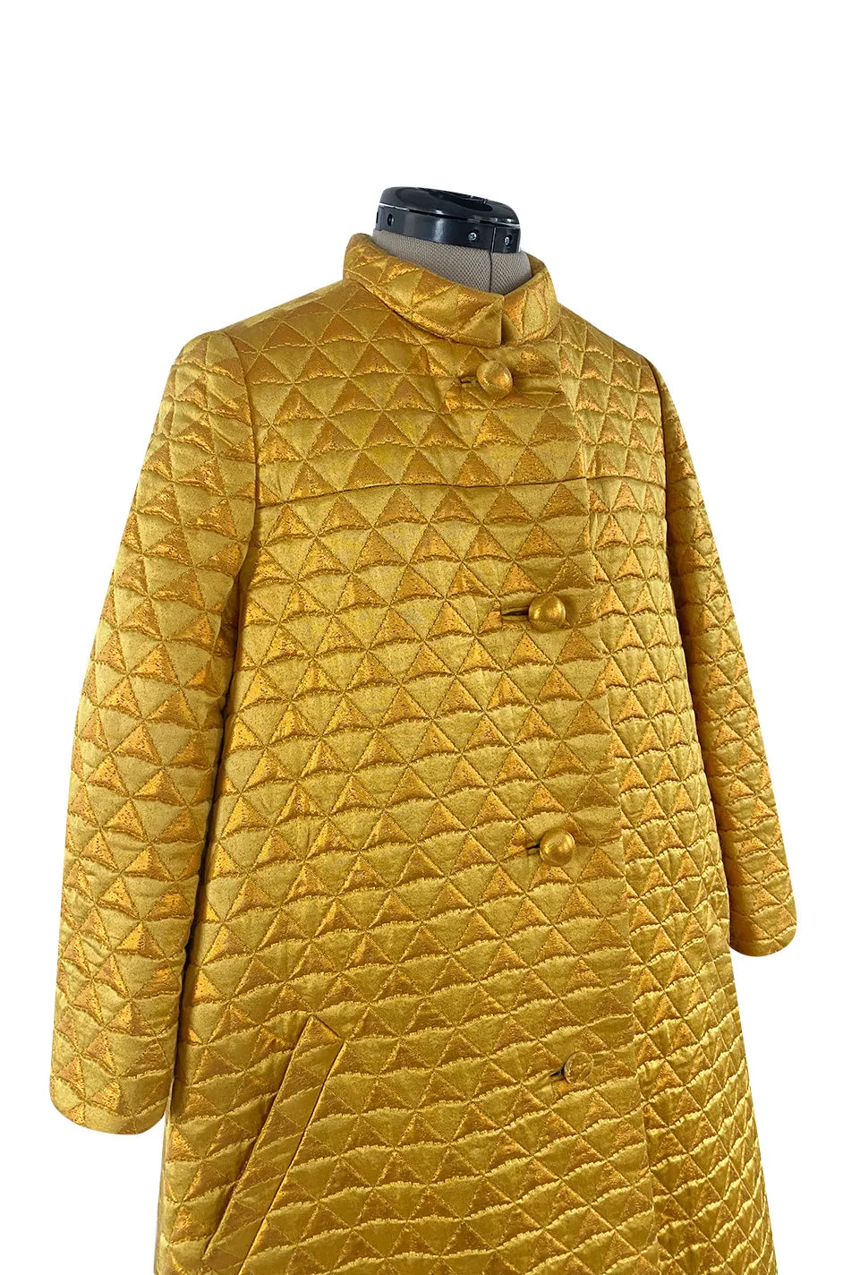 Stunning 1960s George Halley Bright Gold Metallic Puffed Quilted Silk Brocade Tent Coat