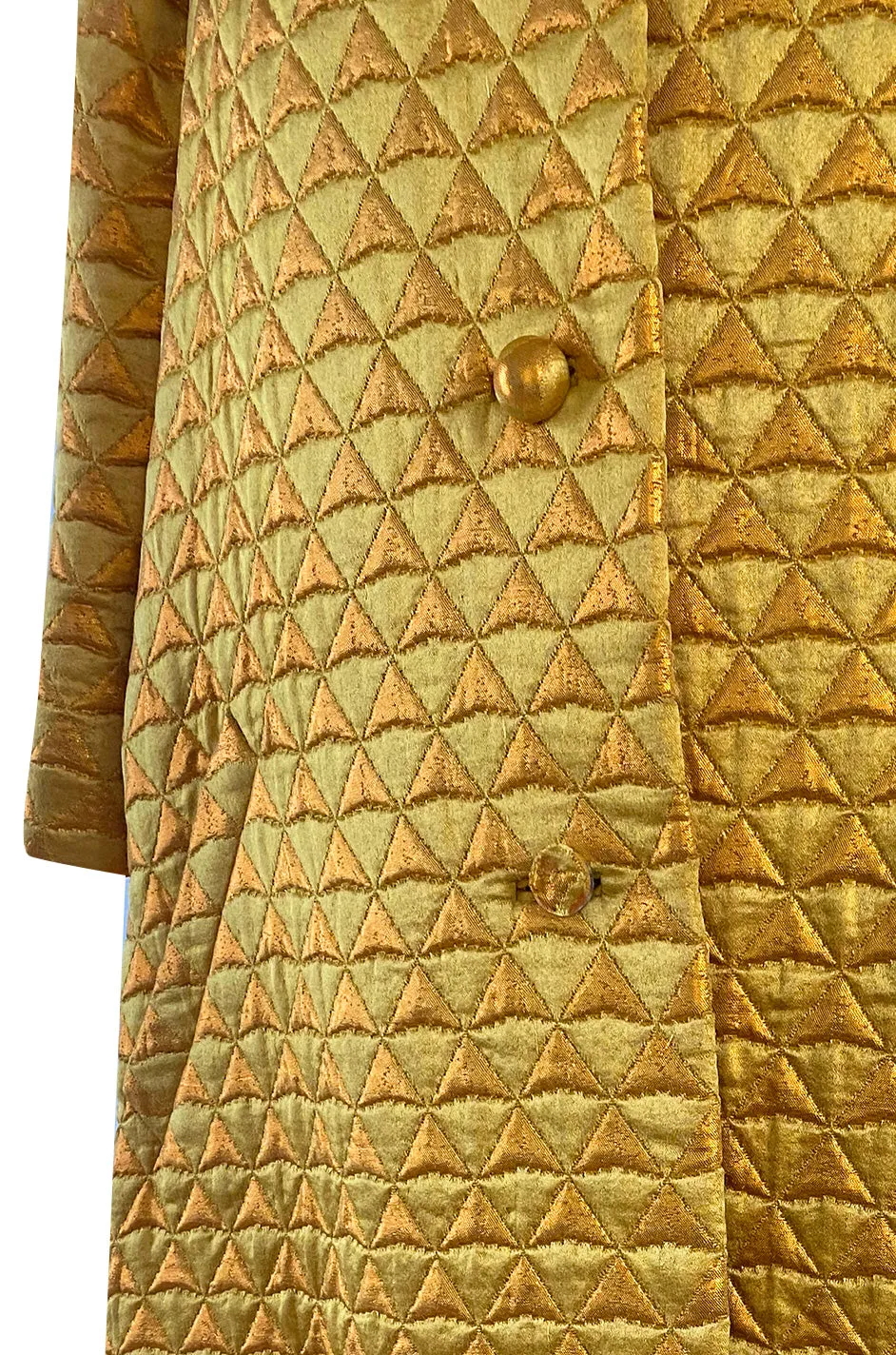 Stunning 1960s George Halley Bright Gold Metallic Puffed Quilted Silk Brocade Tent Coat