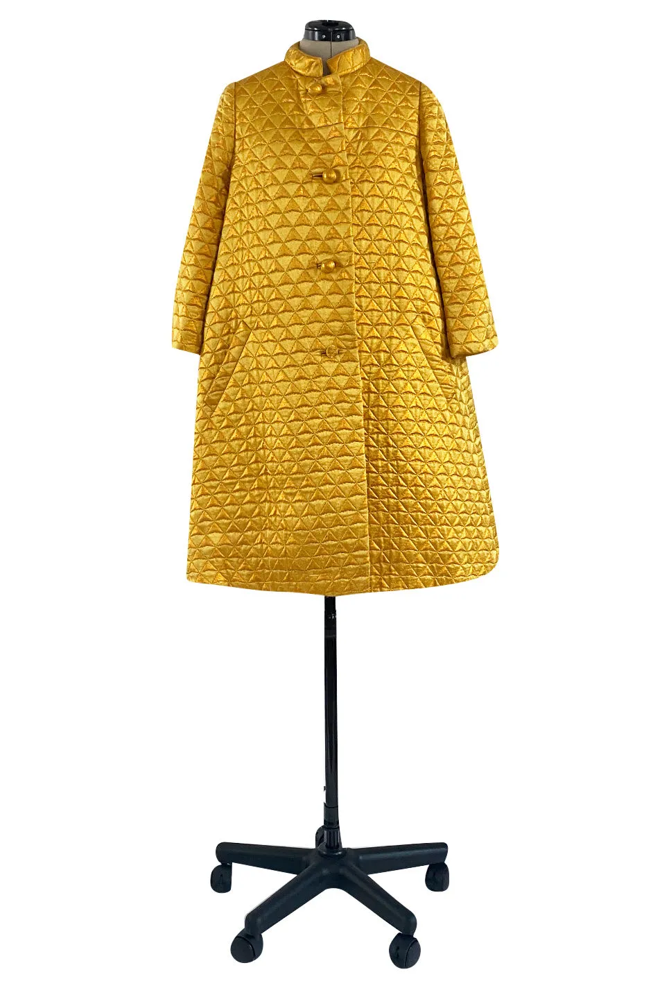 Stunning 1960s George Halley Bright Gold Metallic Puffed Quilted Silk Brocade Tent Coat